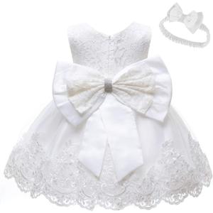 0-6T Baby Girl Party Dress Toddler Lace Embroideryr Evening Dresses with Headwear (White)