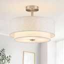 BUXVRCS Semi Flush Mount Ceiling Light Fixture, 3-Light Double Drum Lighting Fixtures with Fabric Shade, 16" Modern Light Fixtures Ceiling Mount Close to Ceiling Light for Bedroom (Brushed Nickel)