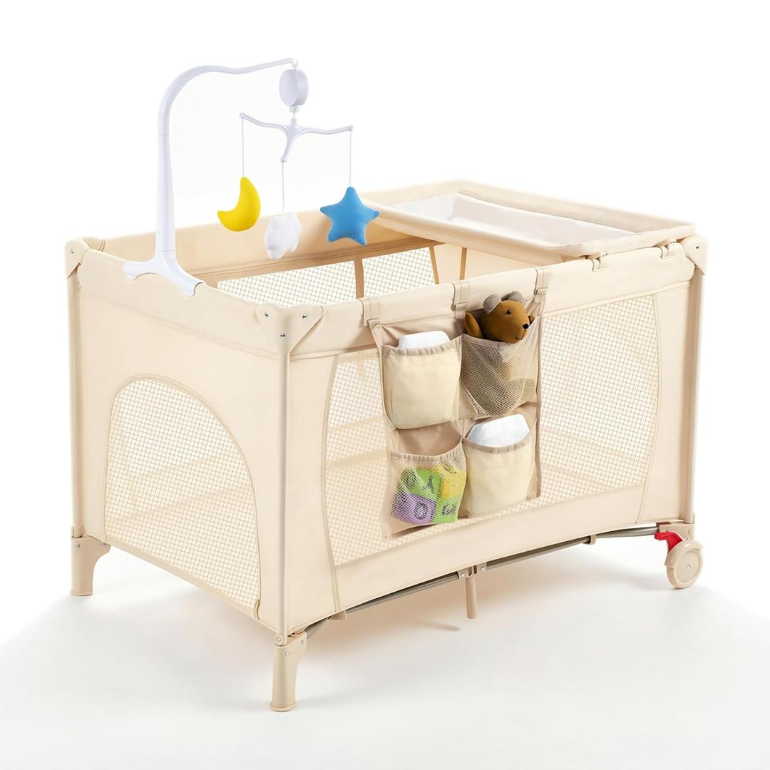 Pack and Play with Changing Table & Carry Bag, 4-in-1 Portable Crib Playpen for Newborn to Toddler, ASTM Certified Foldable Travel Crib with Bassinet(C-Khaki)