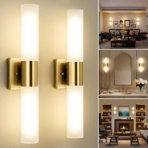 Kalium Bathroom Wall Sconces Set of Two, 21 Inch Modern Vanity Lights with Frosted Glass Shade, Bathrooms Vanity Lighting Fixtures for Mirror Bedroom Living Room Hallway (Gold)