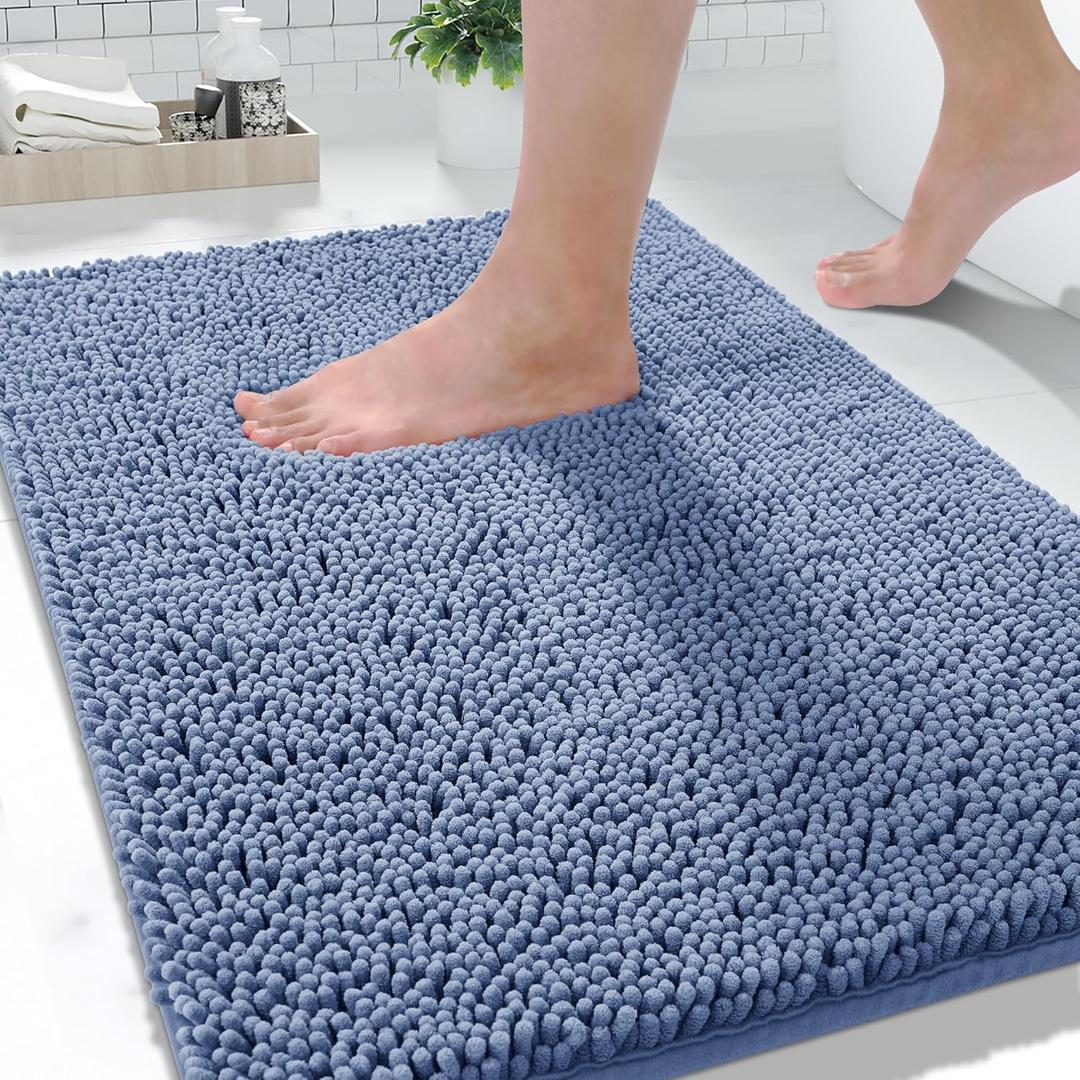 Yimobra Washable Bathroom Rugs, Super Soft & Absorbent Chenille Bath Mat for Floor & Carpet, Quick Dry Non Slip Bath Mat for Tub Shower, 24" x 17",Denim Blue