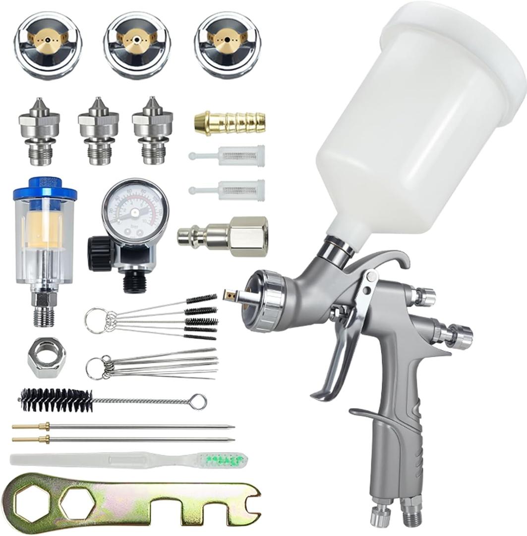 LVLP Air Gravity Spray Gun Sets Professional Spray Guns with 1.3, 1.5, 1.7mm Nozzles 20oz 600ml Auto Paint Sprayer Gun with Air Compressor Regulator for Auto Paint, Primer, Clear/Top Coat & Touch-Up