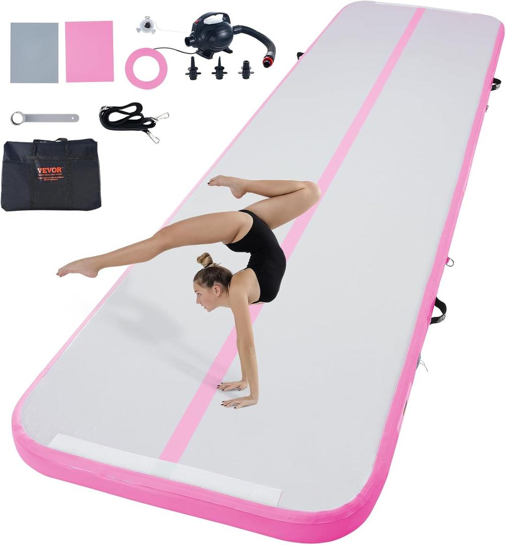 VEVOR Gymnastics Air Mat, 4 inch Thickness Inflatable Gymnastics Tumbling Mat, Tumble Track with Electric Pump, Training Mats for Home Use/ Gym/ Yoga/ Cheerleading/ Beach/ Park/ Water, 13 ft, Pink