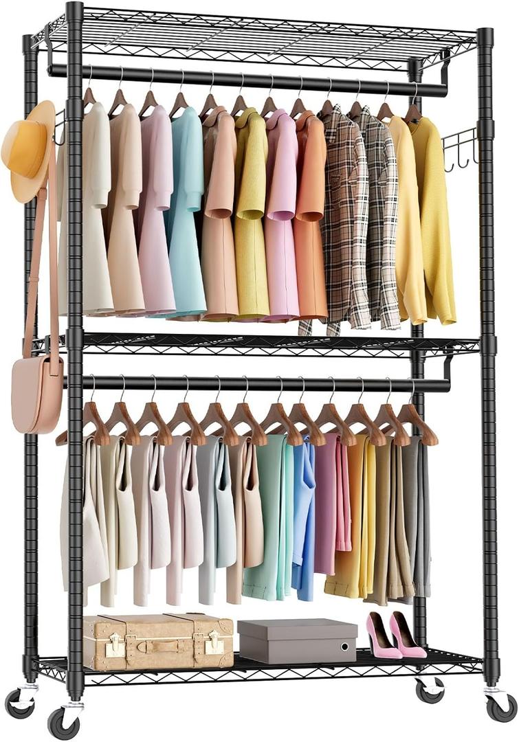 Sweetcrispy Rolling Clothes Rack, Heavy Duty Garment Racks 3 Tiers Portable Adjustable Wire Shelves with Wheels, Hanging Rods, Hooks Freestanding Clothing Wardrobe Closet (17.7"L x 47.2"W x 80.3"H) (Black-Large)