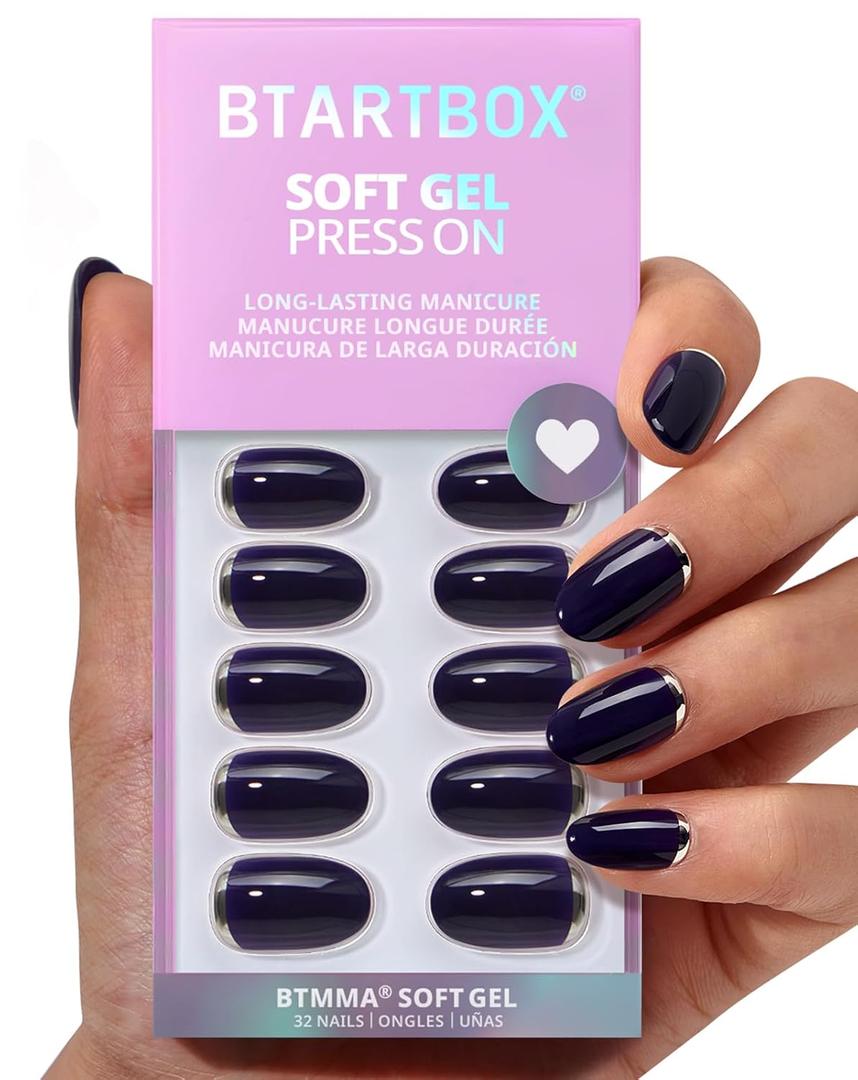 BTArtbox Press On Nails Oval - Vintage Silver, Dark Blue Silver Foil Short Press On Nails with Glue and Adhesive Tabs for Women, Soft Gel Glue On Nails in 16 Sizes - 32 Stick On Nails Kit