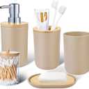 iMucci Bathroom Accessories Set 5Piece Beige Bathroom Sets, Toothbrush Holder, Toothbrush Cup, Lotion Soap Dispenser, Soap Dish and Qtip Holder Bathroom Decor