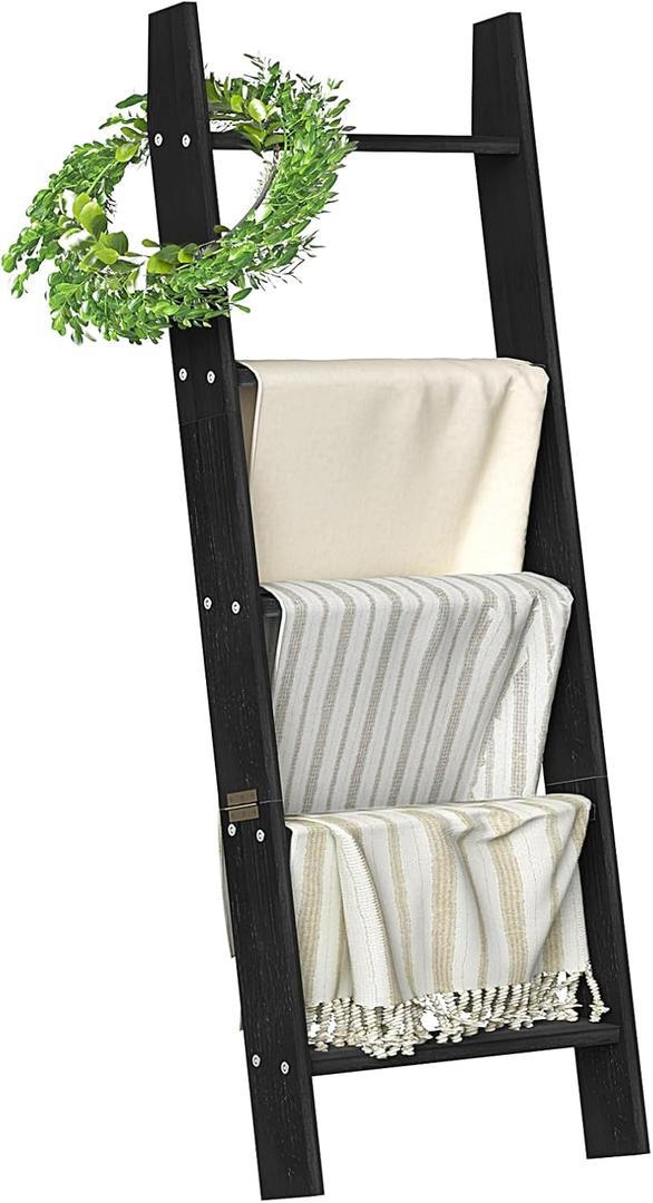 HONEST OUTFITTERS Blanket Ladders for The Living Room, 5-Tier Blanket Holder, Wall-Leaning Blanket Rack, Ladder Shelves, Wooden Quilt Ladder, Farmhouse Decor, Black