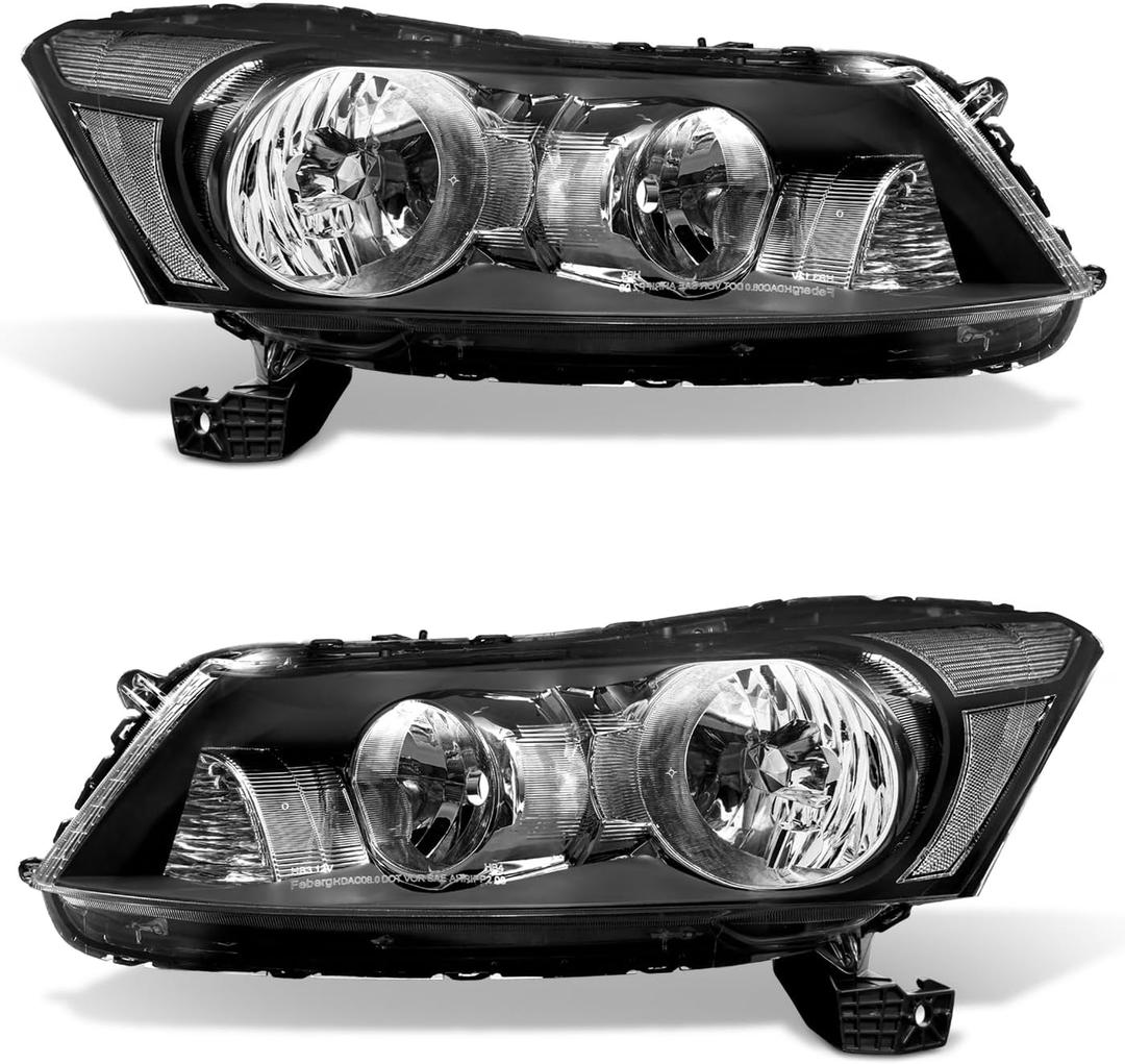 Headlights Assembly for 2008-2012 Honda Accord 4dr Black Housing Clear Reflector Clear Lens Headlamp Replacement Left and Right Pair NOT fit coupe models or Crosstour models(Bulbs not included