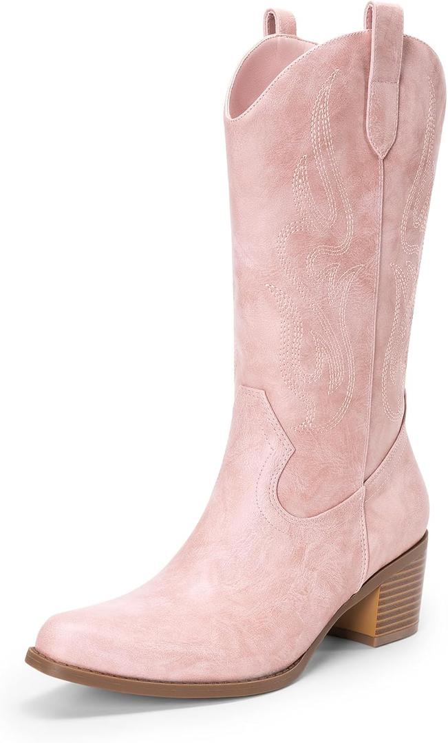 DREAM PAIRS Women's Square Toe Cowboy Cowgirl Boots Embroidered Mid Calf Western Boots Fashion Dress Low Chunky Heel Boots for Theme Party Country Concert (7.5, Pink-pu)