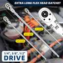 PRIDE&CRAFT 3PC Drive Extra Long Flex Head Ratchet 72-Tooth, Socket Wrench Quick Release Reversible Design, Swivel Head Ratchet, Chrome Alloy Made, EVA Organizer