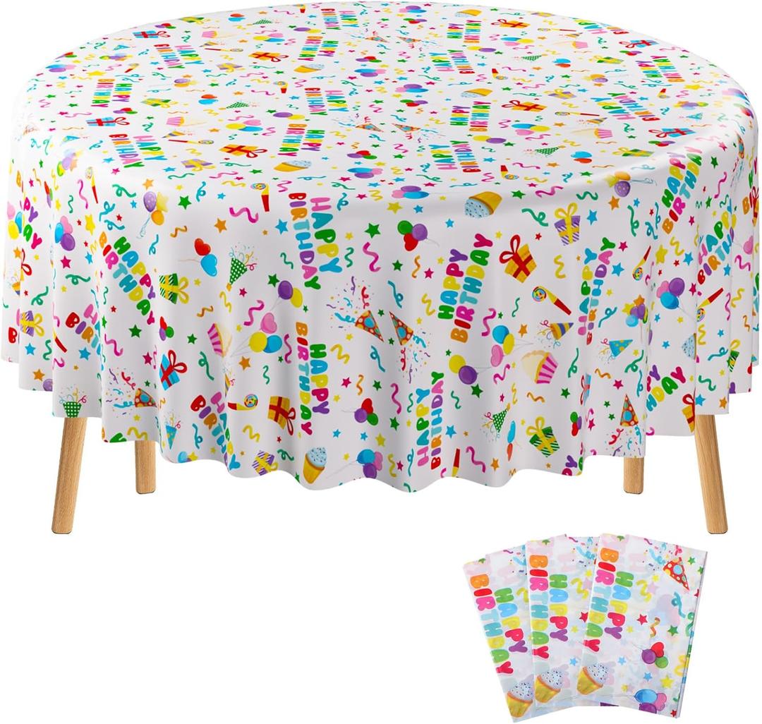 Oudain 3 Pcs Happy Birthday Tablecloth Decorations 84 Inch Plastic Disposable Round Table Covers Waterproof Colorful Balloons Confetti Tablecloth for Women Birthday Party Supplies Baby Shower (White)