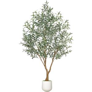 Olive Trees Artificial Indoor, 7FT Faux Olive Tree with White Tall Planter, Full Lush Artificial Plants with Large Olive Branches and Lifelike Fruits for Home Office Decor