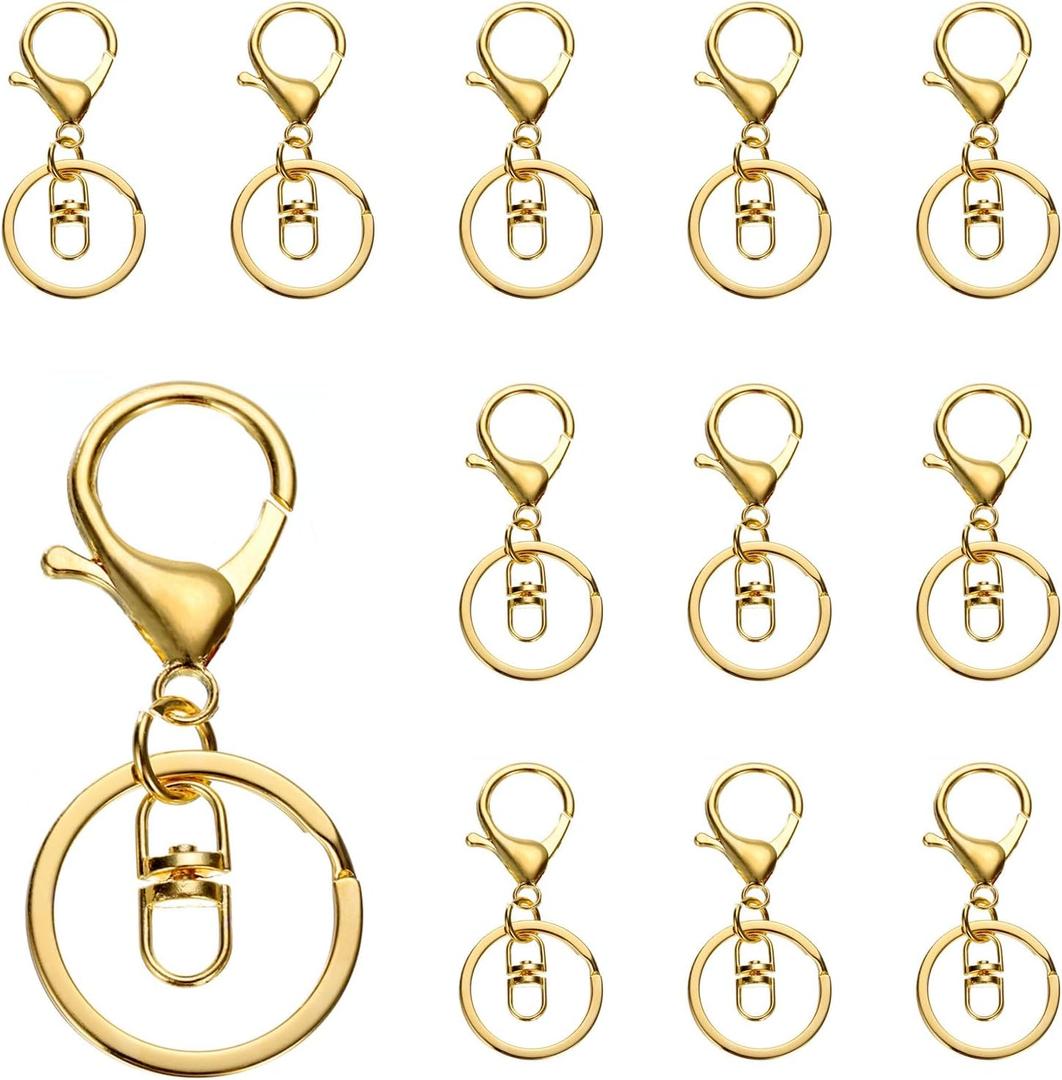 uxcell Lobster Claw Clasps Keychain, 12 Pcs Lobster Claw Clasp Hook with Swivel Trigger Clip and Flat Split Keychain Ring for DIY Craft Key Chain Accessories, Gold