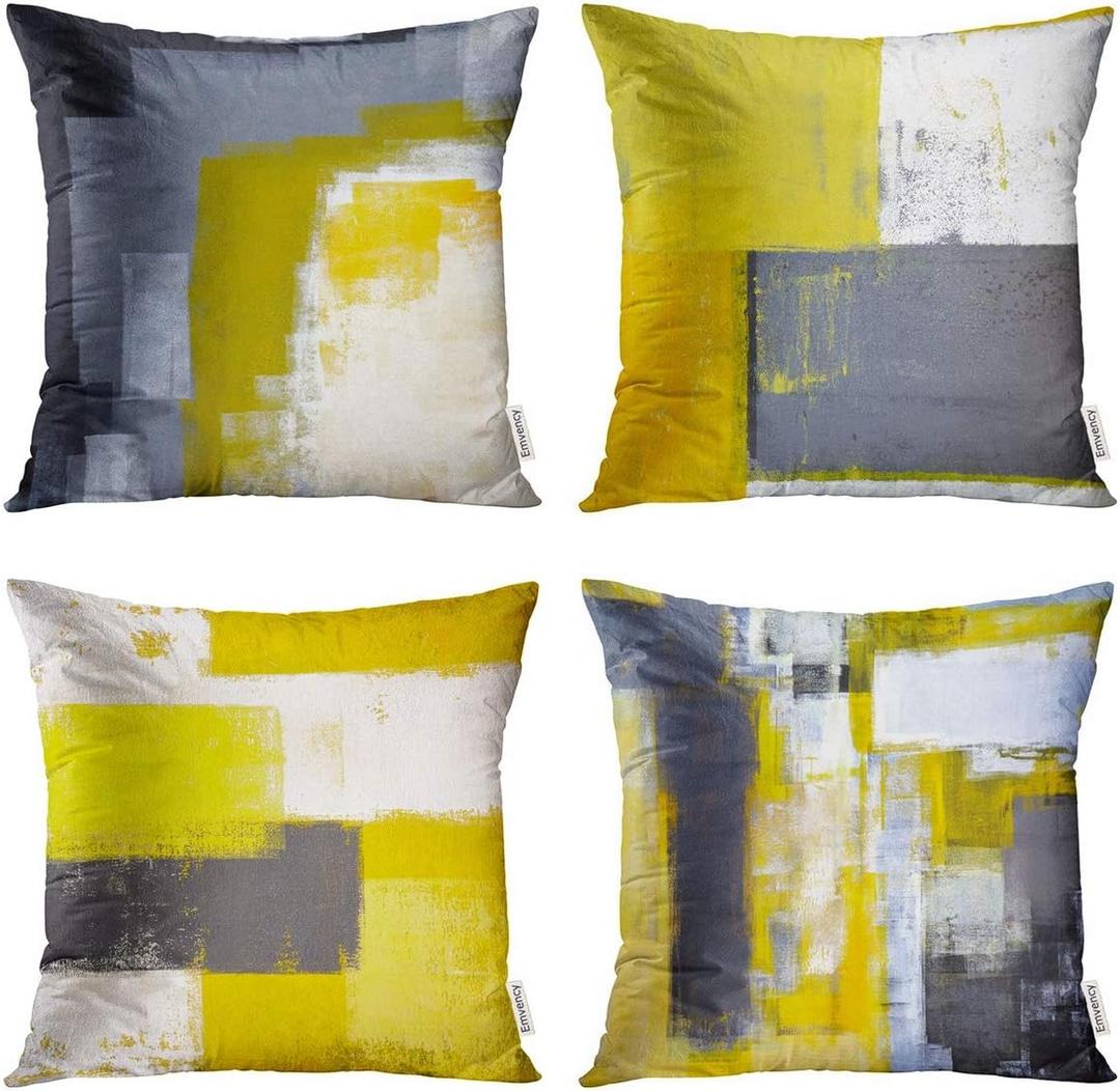 Set of 4 Linen Throw Pillow Cover Case Grey and Yellow Abstract Art Painting Decorative Pillow Cases Covers Home Decor Square 20 x 20 Inches Pillowcases