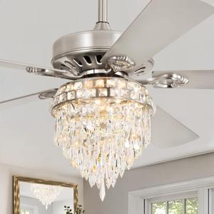 60 Inch Modern Farmhouse Fandelier Ceiling Fans with Lights, Brushed Nickel Crystal Ceiling Fan Chandelier, 6 Speeds and Reversible, 3CCT, Indoor Ceiling Fan for Living Room Bedroom Kitchen
