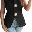 Women's 2025 Summer Casual Sleeveless Suit Vest Round Neck Button Down Work Business Waistcoat Blazer Vest Top (M, Black)