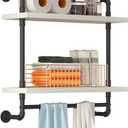 Helsin 24inch Industrial Pipe Shelving Bathroom Shelves Wall Mounted with Towel bar, 2 Tier Rustic Wood Floating Shelf, Metal Towel Rack Wall Shelf for Home & Bathroom (White, 24inch)
