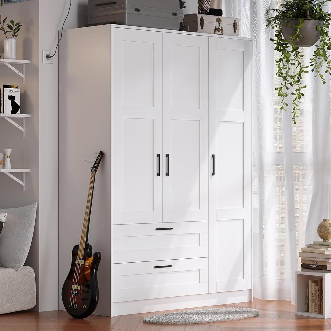 Fenghua Lizhi 3 Doors Wooden Wardrobe Closet Armoire, White Storage Cabinet for Hanging Clothes, Bedroom Large Capacity Freestanding Armoire,Wood Wardrobe Combination with Shelves (2drawer, White)