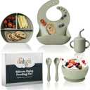 6-Piece Silicone Baby Feeding Set Non-Slip Suction Plate, Bowl, Spoon, Fork, Cup, Bib. BPA-Free, Dishwasher & Microwave Safe for Babies & Toddlers