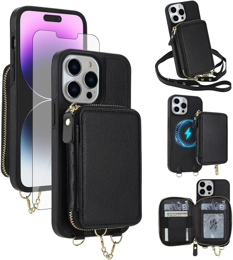 Asuwish Phone Case for iPhone 14 Pro Max Wallet Cover Screen Protector Crossbody Lanyard Strap Compatible with MagSafe RFID Blocking iPhone14promax 5G i Phone14Max Plus iPhone14 ProMax Women Black