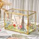 AerWo Glass Wedding Card Box with Lock, Gold Rim Gift Card Box for Wedding with Flower Patterns, Clear Wedding Card Boxes for Reception Memory Money Box for Graduation Baby Shower Birthday Party Decor