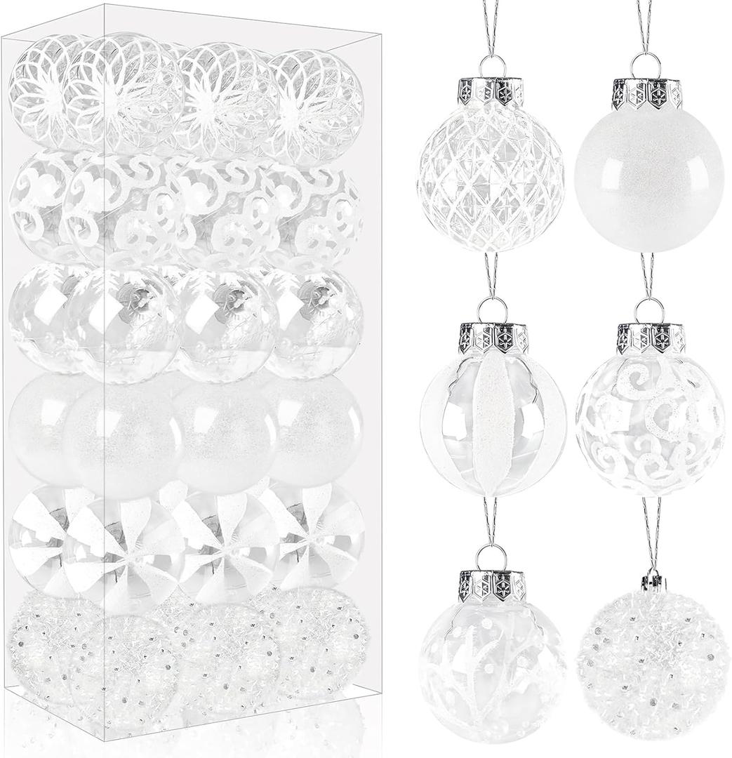 36 Pcs White Christmas Ball Ornaments,60mm/2.36" Shatterproof Foam Christmas Decorations,Clear Plastic Glitter Hanging Balls for Xmas Tree,Holiday,Party,Home Decor(6 Styles)