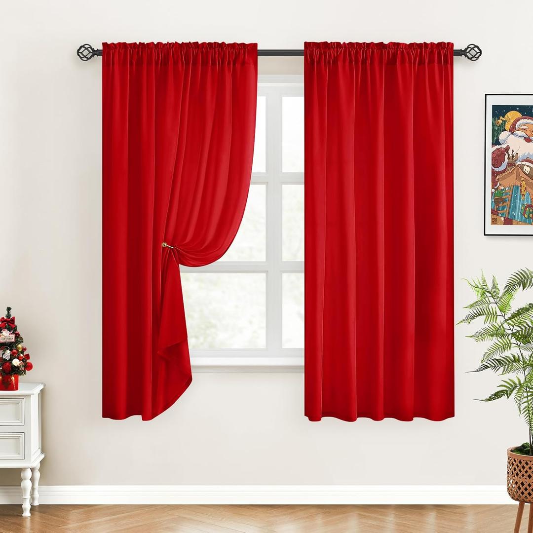 HOMEIDEAS Christmas Non-See-Through Red Privacy Sheer Curtains, 52 X 45 Inches Long 2 Panels Sheer Curtains Light Filtering Window Drapes for Bedroom Living Room