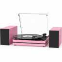 Vintage Record Player with External Speakers Belt-Drive Turntable for Vinyl Records Dual Stereo Speakers LP Players Support 3 Speed 3 Size Wireless Playback AUX Headphone Input Auto Stop Pink