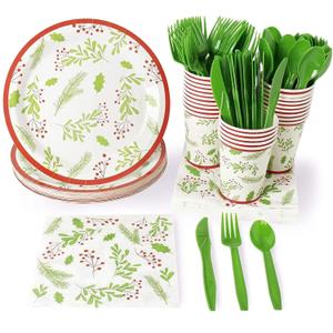 Juvale 144 Piece Christmas Party Plates, Napkins, Cups, Cutlery with Holly Berry and Leaves Design (Serves 24)