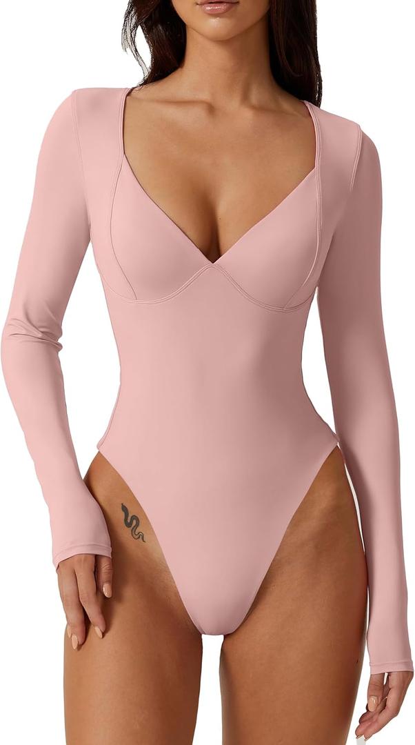 QINSEN Women's Long Sleeve Bodysuit V Neck Body Suits Seamed Cup Going Out Tops Shirt (Pink, Small)