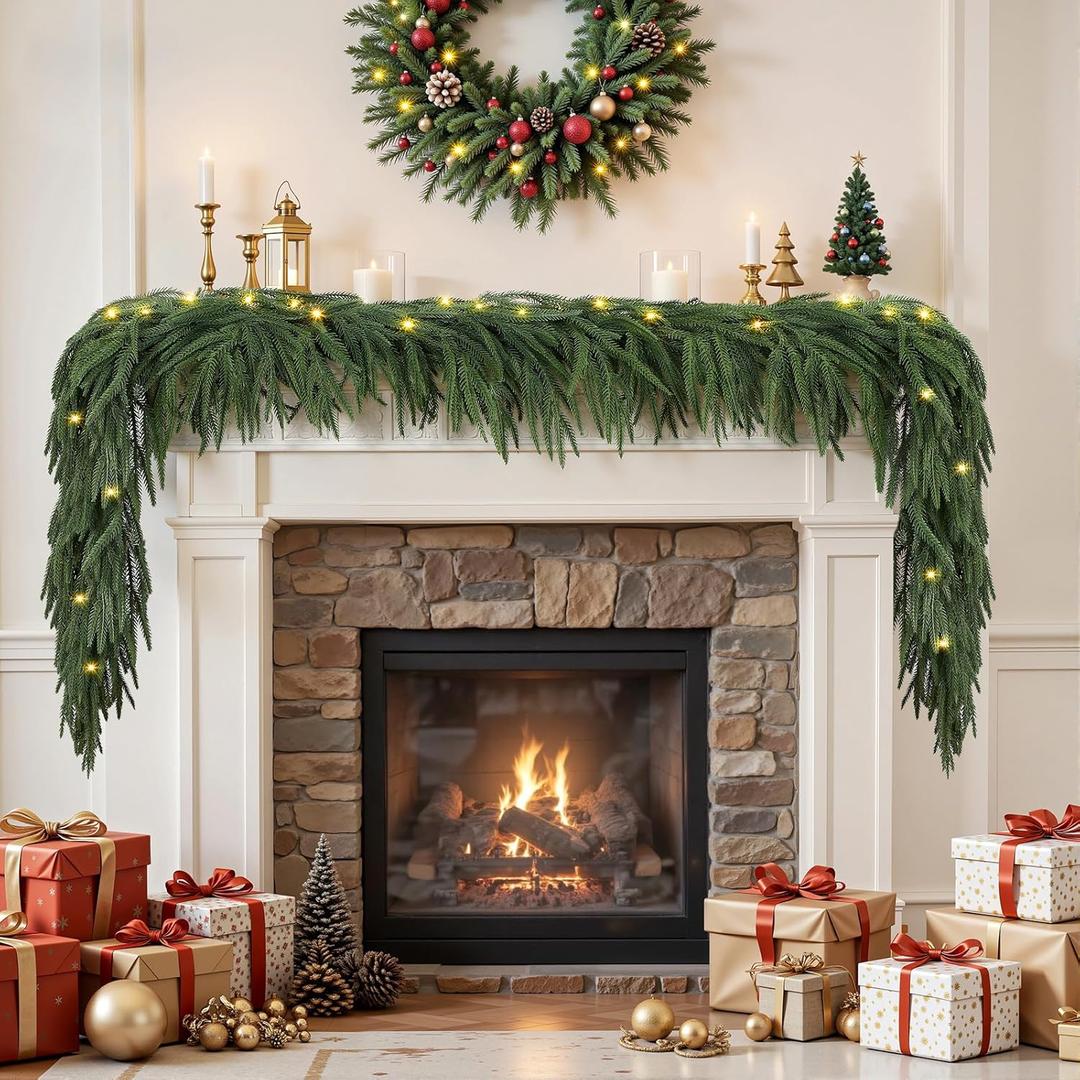 9ft Artificial Christmas Garland with Lights, Real Touch Norfolk Pine Garland - Pine Garlands, Prelit Green Christmas Garland for Mantle, Table, Fireplace, Indoor, Outdoor Christmas Decorations
