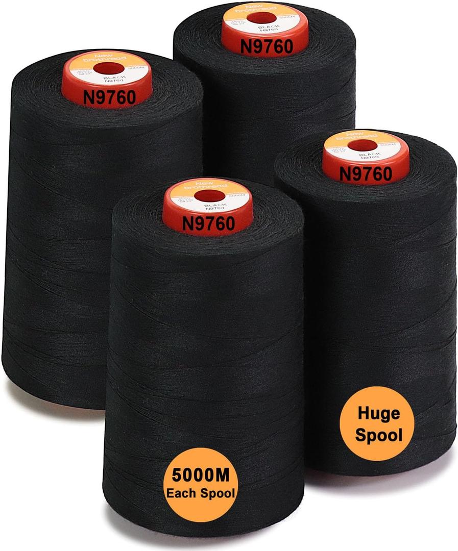 New brothread - 30 Options - 4 Large Cones of 5500Y (5000M) Each All Purpose Spun Polyester Thread 40S/2 (Tex27) for Serger, Overlock, Quilting, Piecing and Sewing - Black