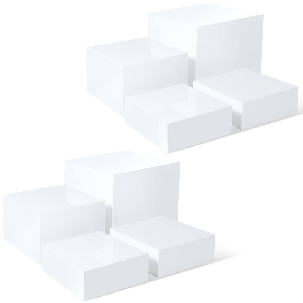 Set of 8 Acrylic Cube Display Box Risers Food Buffet Riser For Table, Retail Showcase, Catering, Cakes, Collectibles, Toys, Jewelry, Cosmetics, Crystal Decor Container, Stackable Nesting Stands - White