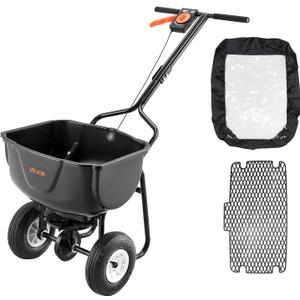 VEVOR Walk Behind Spreader, 60LBS Capacity, Push Spreader with Hopper Grate, 0-9.8 ft Spreading Width, 8 in All Terrain Pneumatic Tires, Garden & Lawn Broadcast Spreaders, for Seed, Fertilizer (White hubs + black components)