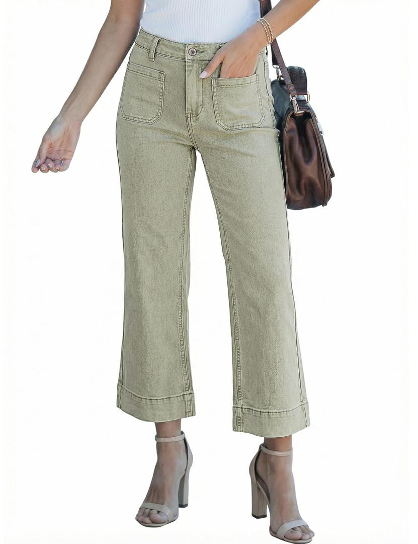 luvamia Wide Leg Jeans for Women Trendy High Waisted Flare Jeans Cropped Denim Pants Stretchy Baggy with Patch Pockets Army Green Size Large Fits Size 12-14