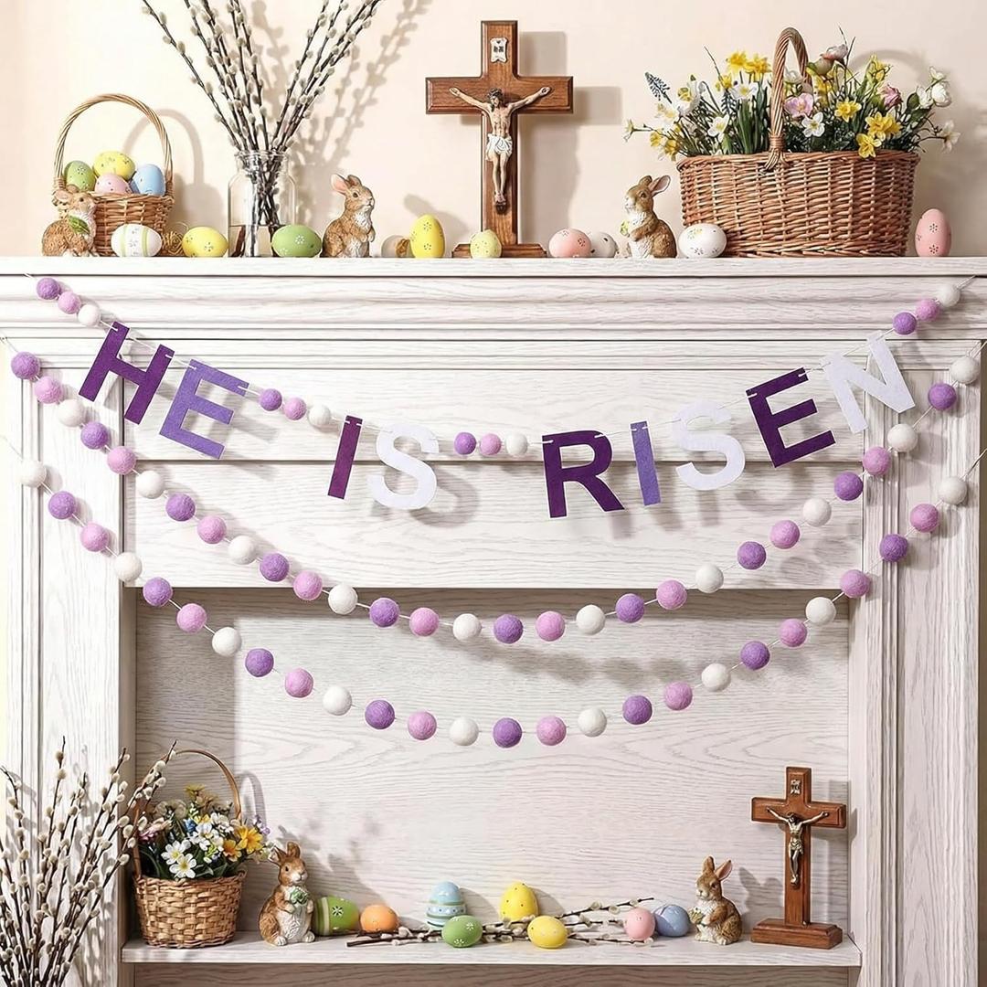 Breling 3 Pack He is Risen Banner Easter Felt Ball Garlands 10ft Pom Pom Religious Easter Decorations for Mantle Fireplace Church Spring Room Home Office Classroom Hanging Christian Decor (Purple)