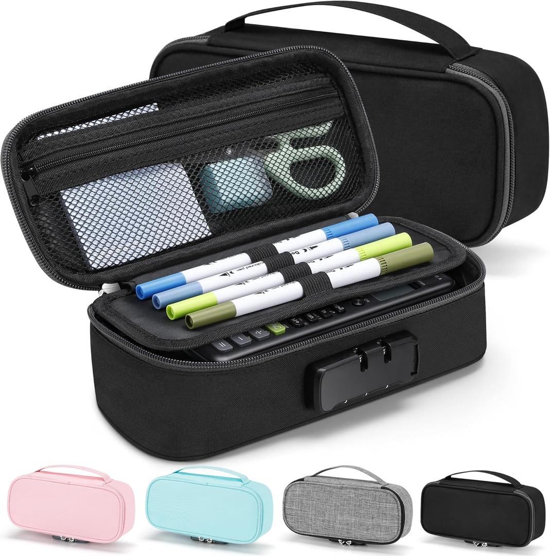 Zannaki Cute Pencil Case with Lock for Boys and Girls, Soft Large Capacity Pencil Case with Handle, Cool School Supplies Pencil Box Pen Stationery Storage Bag Organizer for Kids Teens Adults, Black