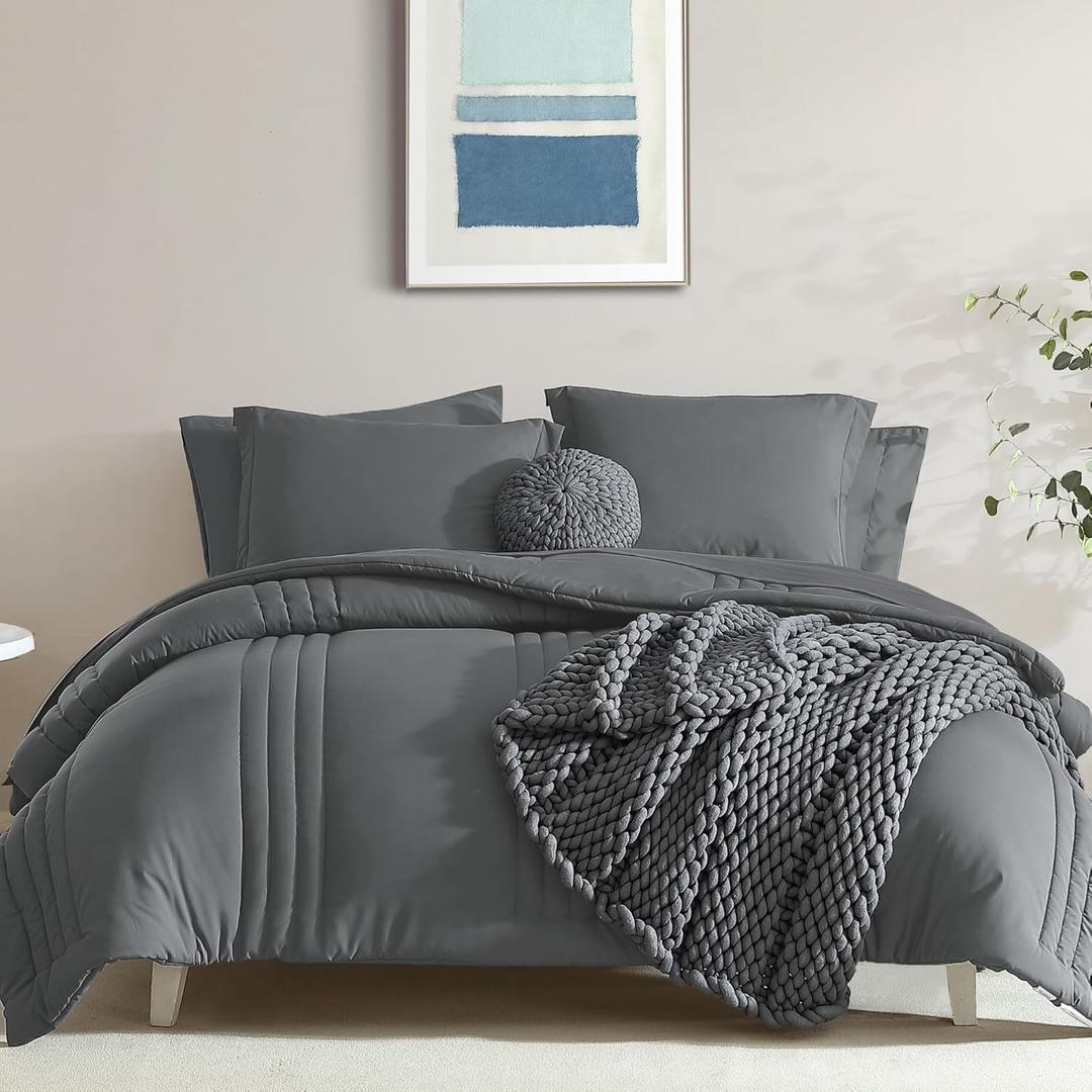 Monbix California King Size Comforter Set - 7 Pieces Bed in a Bag California King, Grey Bedding Sets with Comforter, All Seasons Comforter Bed Set with Sheets, Pillowcases & Shams, Bright Grey