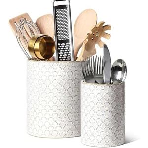 LE TAUCI Utensil Holder for Kitchen Counter - 7.1"+5.4" Ceramic Kitchen Utensil Holder Set of 2, Large Cooking Utensil Crock & Organizer for Spatula, Spoon - Embossed Kitchen Decor, White,Fireworks