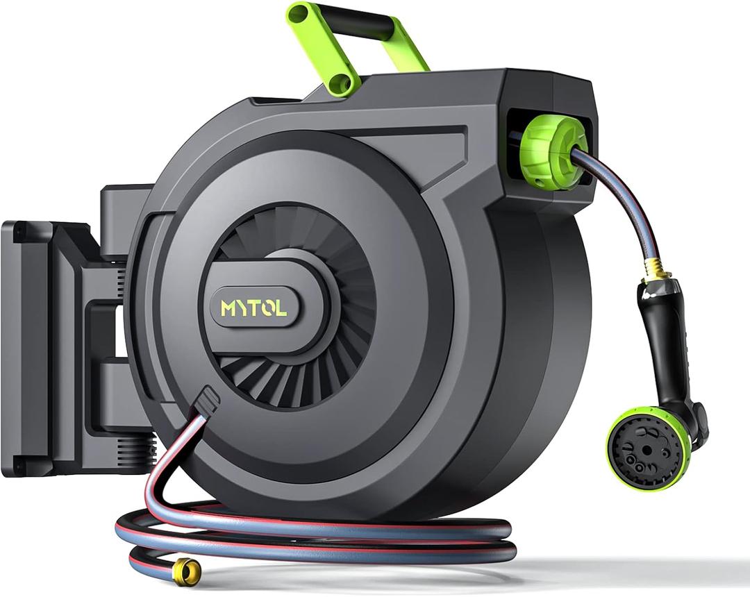 Retractable Garden Hose Reel, 5/8 Inch x 82 ft + 6 ft Wall Mounted Water Hose Reel with Auto Slow Rewind System, 10-Pattern Nozzle, Any Length Lock, 180 Swivel Bracket, Ideal for Easy Watering