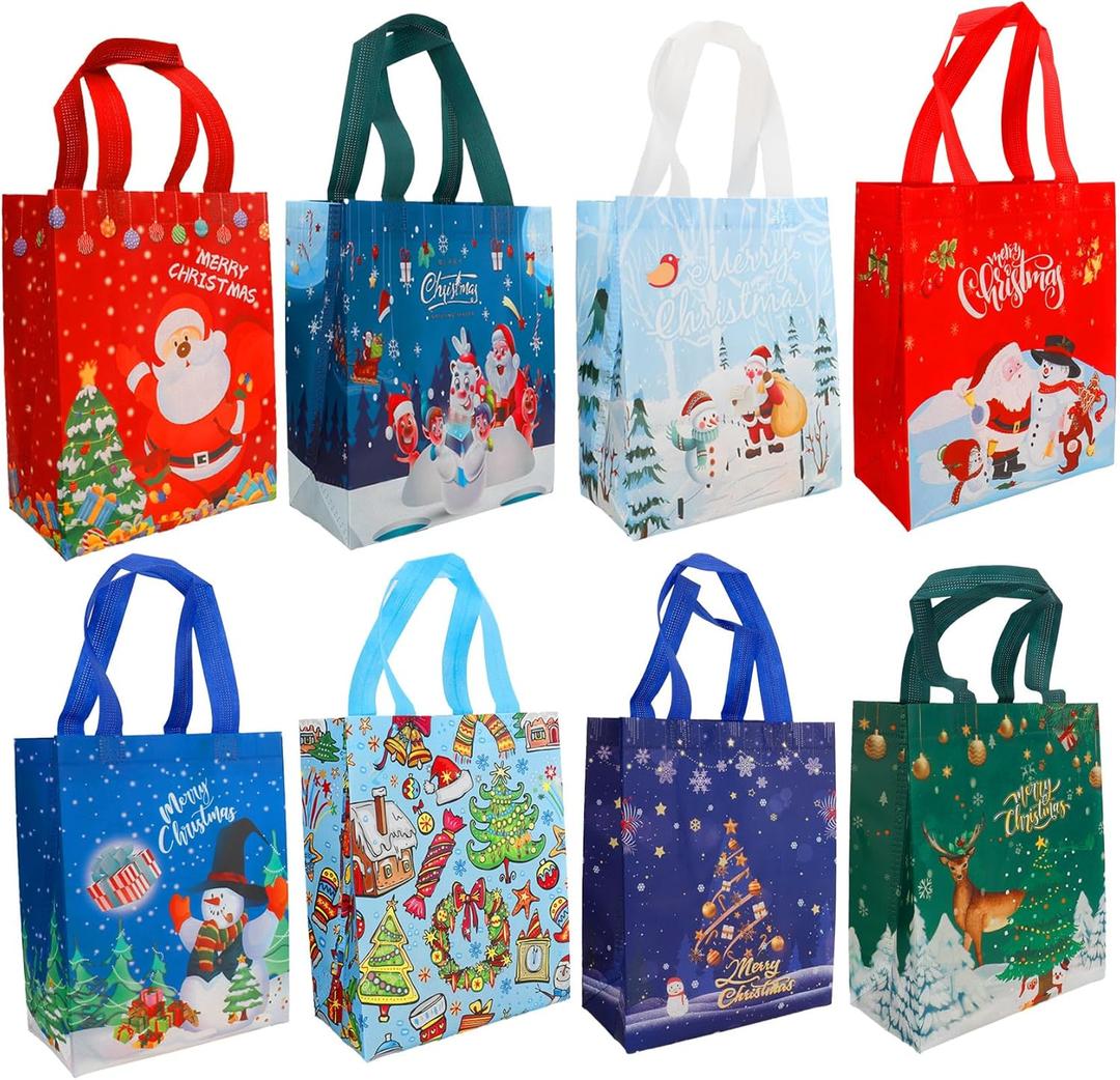 8 PCS Christmas Gift Bags, Medium Size Bulk Christmas Bags for Gifts, Reusable Non-Woven Xmas Tote Bag with Handles Treat Bag Perfect for Holiday Gift Wrap Goody Party Favor 9.84'' x 7.87''x 3.94'' (8 Count (Pack of 1))
