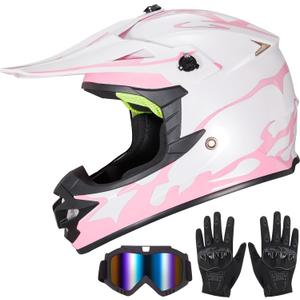 Youth Kids Dirt Bike Helmet for Boys & Girls,F001 Full Face Motorcycle Helmet for Off-Road ATV Street Riding Four Wheeler Mountain Bike with Goggles Gloves,DOT Approved(Pink Flame,M)