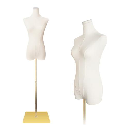 EaseHome Dress Form Mannequin Body, 50”-70”Height Adjustable Female Beige Linen Fabric Manikin Torso,Model Display Body Stand with Detachable Silver Metal Bracket and Rectangular Base