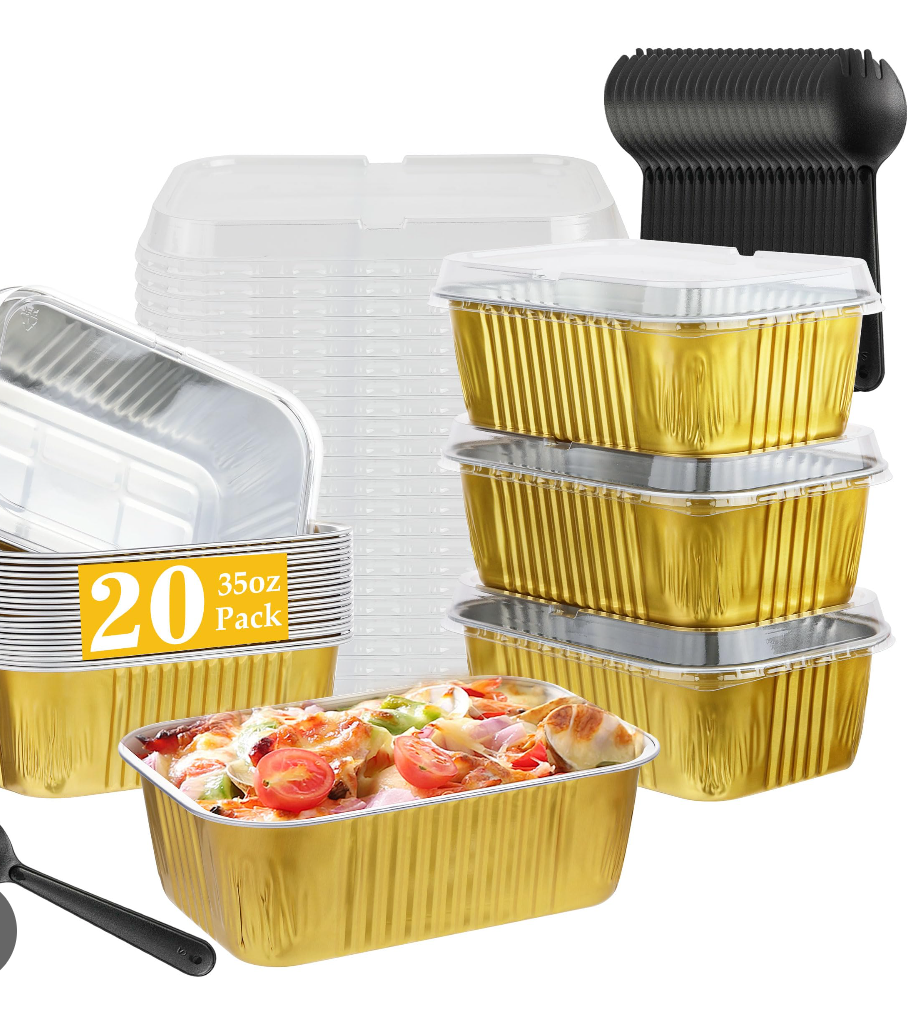 BAKINGPAK 50PCS 35OZ 2.2LB Gold Aluminum Cake Tins with Lids, Disposable Baking Pans, Foil Containers, Pie Pans for Cooking & Storage