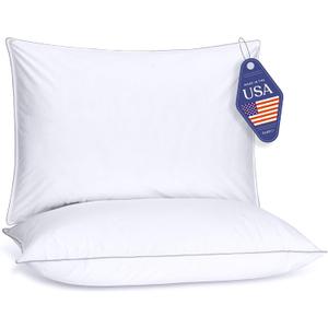 FluffCo Basics Down Alternative Bed Pillows - Cooling Cotton Shell with Supportive Gel-Fiber Fill - Pillows for Side, Back, and Stomach Sleepers - Made in USA - Standard/Queen Size, Set of 2
