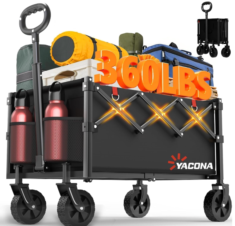Yozoia Wagons Carts Foldable, Lightweight Portable Utility Shopping Cart with Wheels, Folding Grocery Wagon Cart for Grocery, Camping, Shopping, Beach, Garden, Sports Black