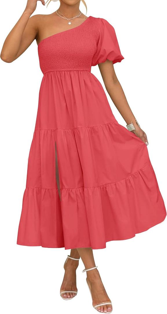 ZESICA Women's Boho One Shoulder Midi Dresses 2026 Summer Short Sleeve Smocked Split Ruffle Flowy Beach Vacation Dress (L)