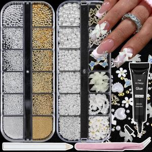 Nail Art Charms with Rhinestones Glue Gel White Flatback Pearls Flower Butterfly Nail Gems Supplies Accessories Gold Silver Nails Decoration Pearls for Women Nails Design (Colorful-22)