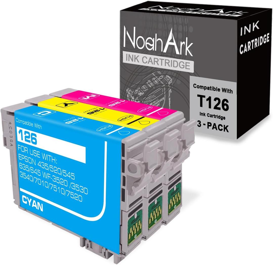 NoahArk 3 Pack T126 Remanufacture Ink Cartridge Replacement for Epson 126 T126 for Workforce 435 520 545 635 645 845 WF-3520 WF-3530 WF-3540 WF-7010 WF-7510 WF-7520 Printer (1 Cyan,1 Magenta,1 Yellow)