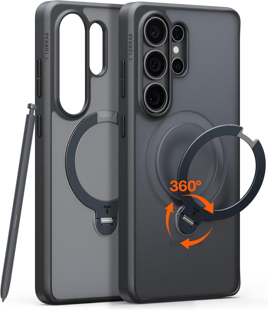 TORRAS Q3 Spin for Samsung Galaxy S26 Ultra Case with 360 Magnetic Stand, Compatible with Magsafe, 4X MilitaryGrade Shockproof S26 Ultra Phone Case with Kickstand, Translucent Frosted Black